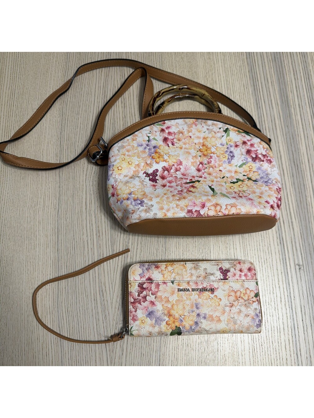 Dana Buchman Bamboo Handle Floral Purse Crossbody Bag & Wristlet Wallet Combo